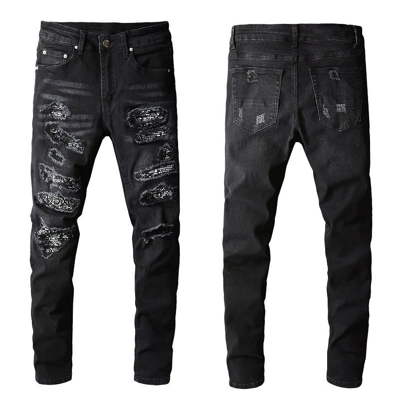 Men's Tight Fit Black Jeans with Paisley Patches and Distressed Details 669