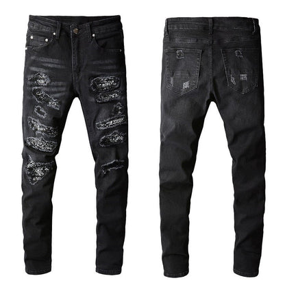 Men's Tight Fit Black Jeans with Paisley Patches and Distressed Details 669