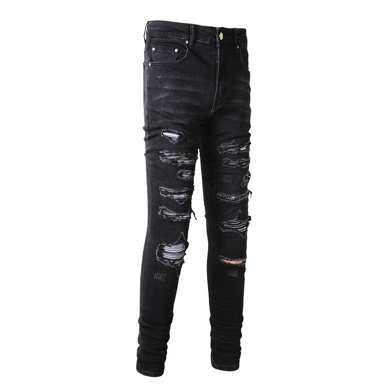 Slim Fit Stretch Black Washed Jeans with Versatile Faux Leather Accents (891-8833)