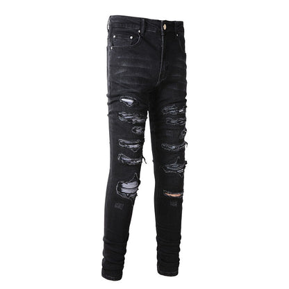 Slim Fit Stretch Black Washed Jeans with Versatile Faux Leather Accents (891-8833)