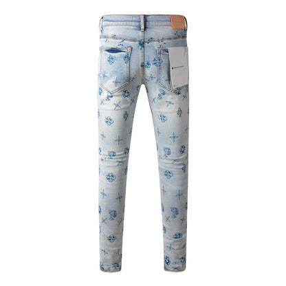 Trendy Blue Denim Pants 9063 with Unique Print Details for a Fashion Forward Look
