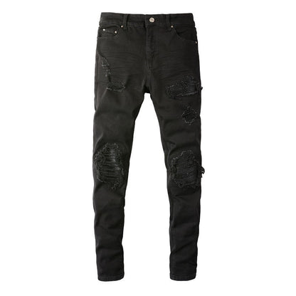 Men's Slim Fit Black Jeans with Wrinkled Details, Patches, and Ripped Design (602-8520)