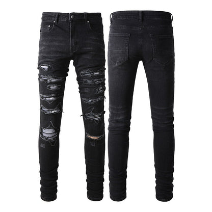 Slim Fit Stretch Black Washed Jeans with Versatile Faux Leather Accents (891-8833)