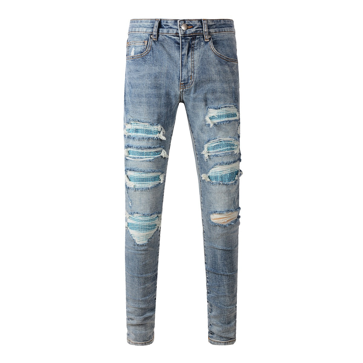 Fashionable Slim Fit Denim with a Washed Effect and Blue Rhinestone Embellishments 6566