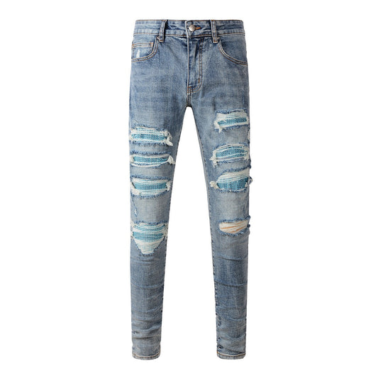 Fashionable Slim Fit Denim with a Washed Effect and Blue Rhinestone Embellishments 6566
