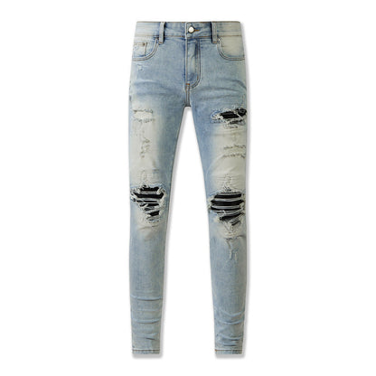 848 Blue Distressed Jeans with Muddy Yellow Wash and Faux Leather Patches for a Vintage Look