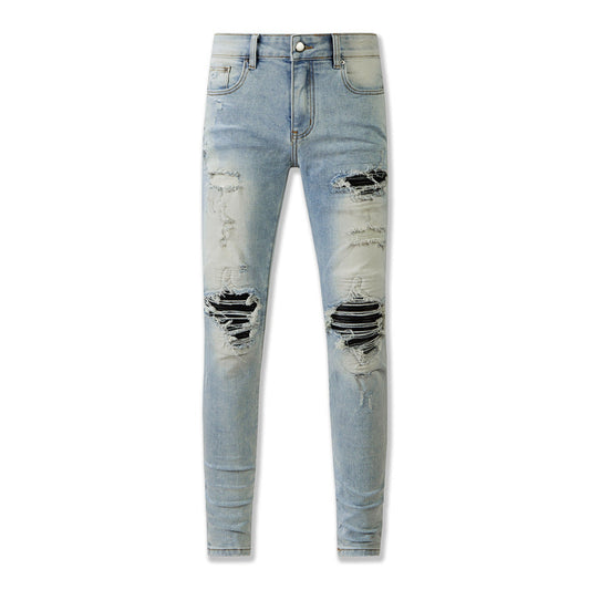 848 Blue Distressed Jeans with Muddy Yellow Wash and Faux Leather Patches for a Vintage Look