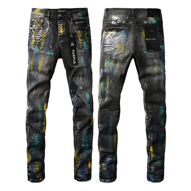 Fashionable Black Jeans with Bold Colorful Paint and Graffiti Detailing 9078