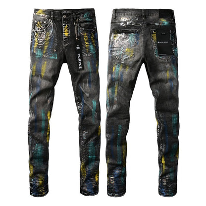 Fashionable Black Jeans with Bold Colorful Paint and Graffiti Detailing 9078