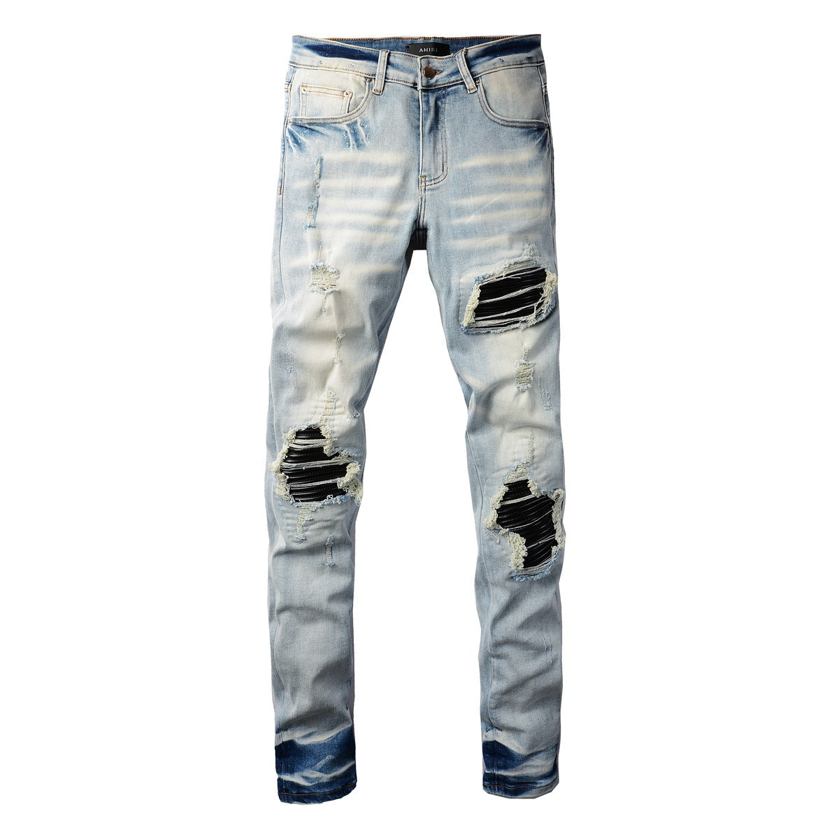 Mens Punk Slim Stretch Distressed Jeans With Ripped Knee Patch Blue Pants 6848