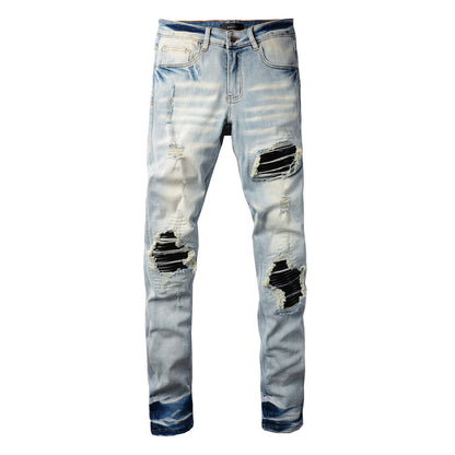 Mens Punk Slim Stretch Distressed Jeans With Ripped Knee Patch Blue Pants 6848