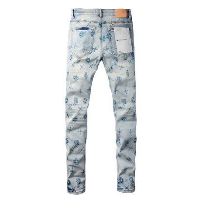 Trendy Blue Denim Pants 9063 with Unique Print Details for a Fashion Forward Look