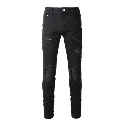 Men's Slim Fit Black Jeans with Wrinkled Details, Patches, and Ripped Design (602-8520)