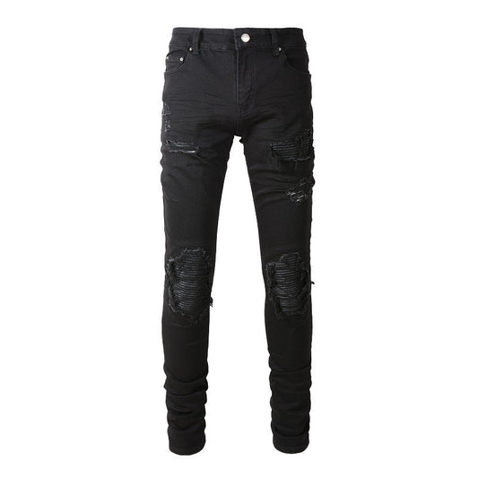 Men's Slim Fit Black Jeans with Wrinkled Details, Patches, and Ripped Design (602-8520)