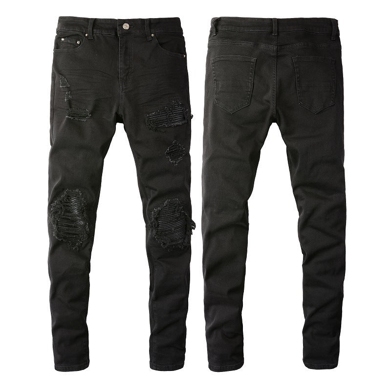 Men's Slim Fit Black Jeans with Wrinkled Details, Patches, and Ripped Design (602-8520)