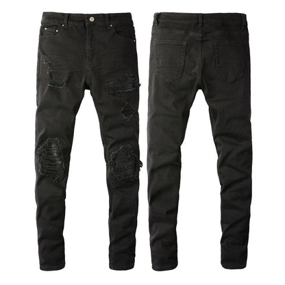 Men's Slim Fit Black Jeans with Wrinkled Details, Patches, and Ripped Design (602-8520)