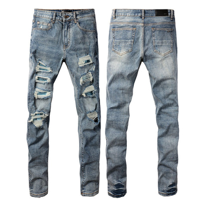 Fashionable Slim Fit Denim with a Washed Effect and Blue Rhinestone Embellishments 6566