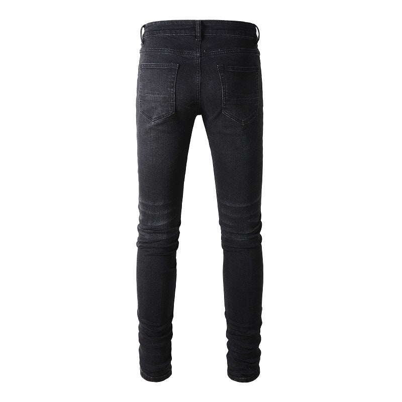 Slim Fit Stretch Black Washed Jeans with Versatile Faux Leather Accents (891-8833)