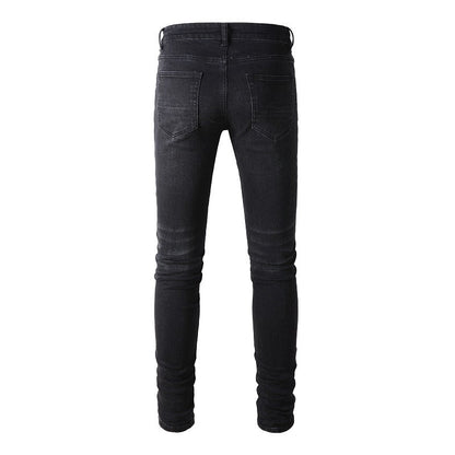 Slim Fit Stretch Black Washed Jeans with Versatile Faux Leather Accents (891-8833)