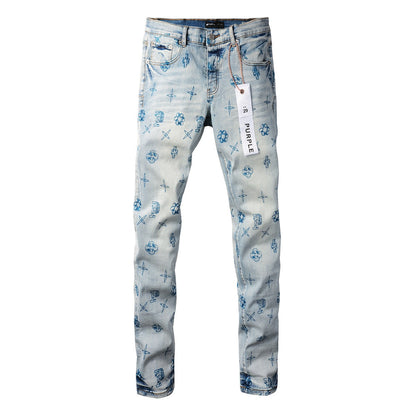 Trendy Blue Denim Pants 9063 with Unique Print Details for a Fashion Forward Look