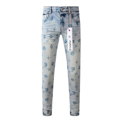 Trendy Blue Denim Pants 9063 with Unique Print Details for a Fashion Forward Look