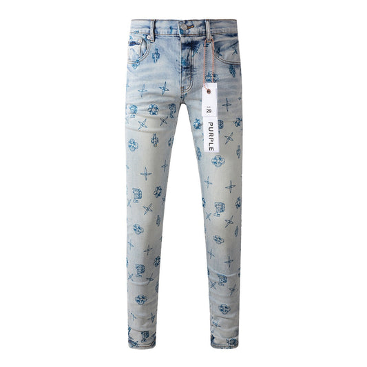 Trendy Blue Denim Pants 9063 with Unique Print Details for a Fashion Forward Look