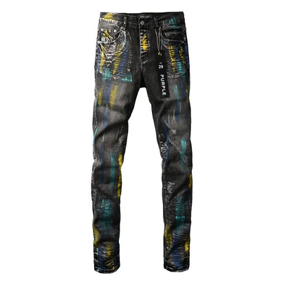 Fashionable Black Jeans with Bold Colorful Paint and Graffiti Detailing 9078