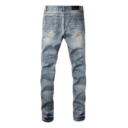 Fashionable Slim Fit Denim with a Washed Effect and Blue Rhinestone Embellishments 6566