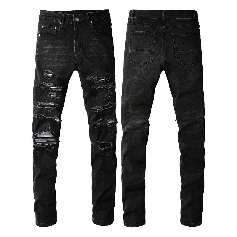 Slim Fit Stretch Black Washed Jeans with Versatile Faux Leather Accents (891-8833)