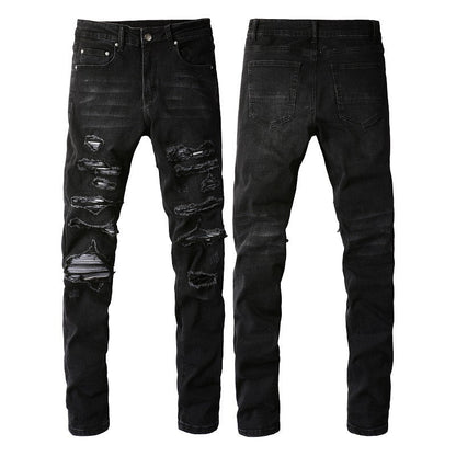 Slim Fit Stretch Black Washed Jeans with Versatile Faux Leather Accents (891-8833)