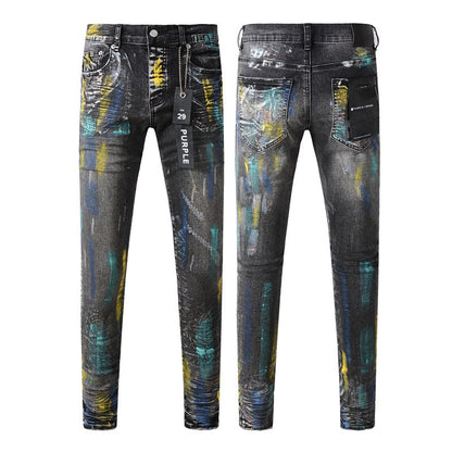 Fashionable Black Jeans with Bold Colorful Paint and Graffiti Detailing 9078