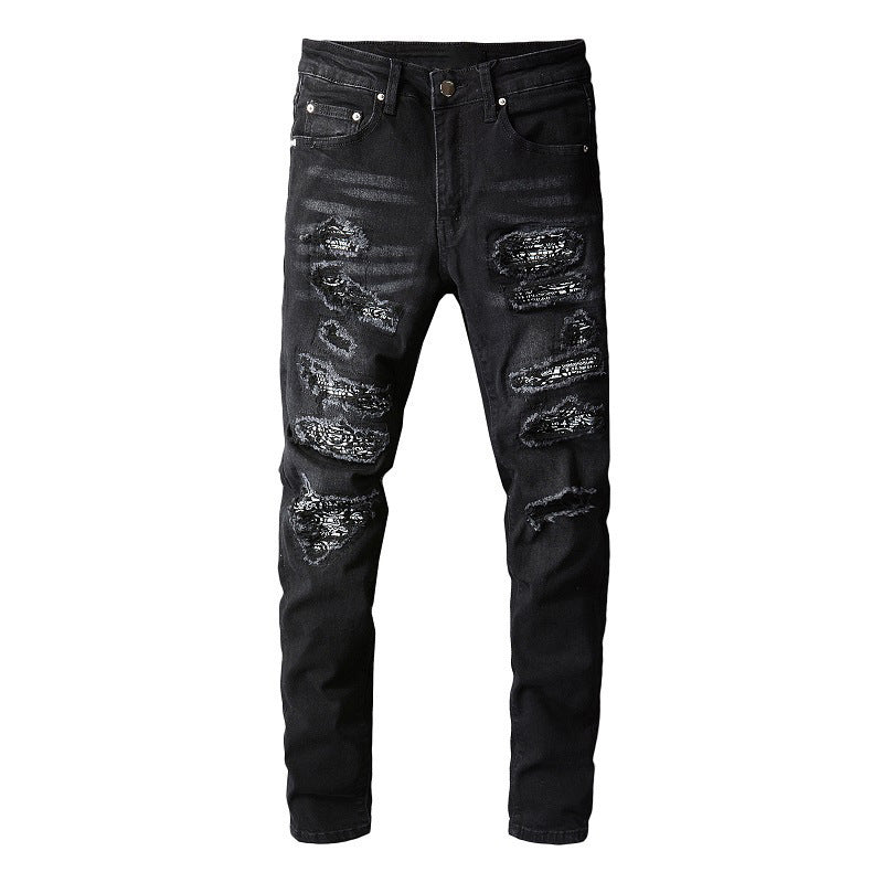 Men's Tight Fit Black Jeans with Paisley Patches and Distressed Details 669