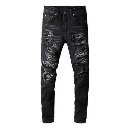 Men's Tight Fit Black Jeans with Paisley Patches and Distressed Details 669