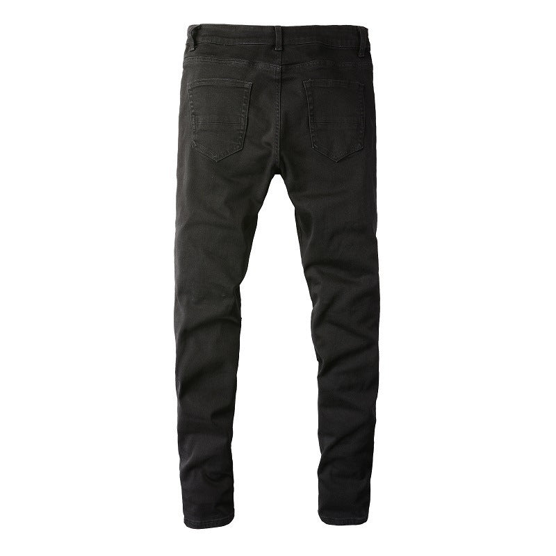 Men's Slim Fit Black Jeans with Wrinkled Details, Patches, and Ripped Design (602-8520)