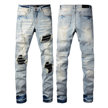 Mens Punk Slim Stretch Distressed Jeans With Ripped Knee Patch Blue Pants 6848