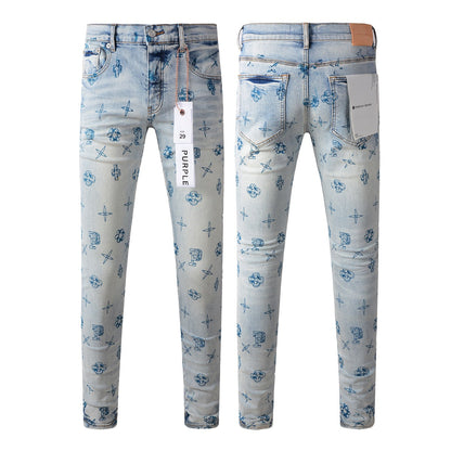 Trendy Blue Denim Pants 9063 with Unique Print Details for a Fashion Forward Look