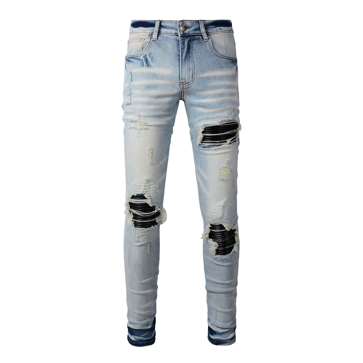 Mens Punk Slim Stretch Distressed Jeans With Ripped Knee Patch Blue Pants 6848